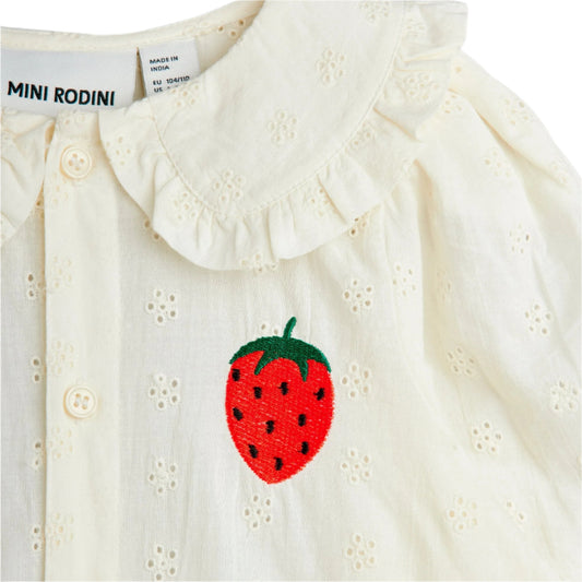 White shirt with strawberry design and Mini Rodini label on a white background