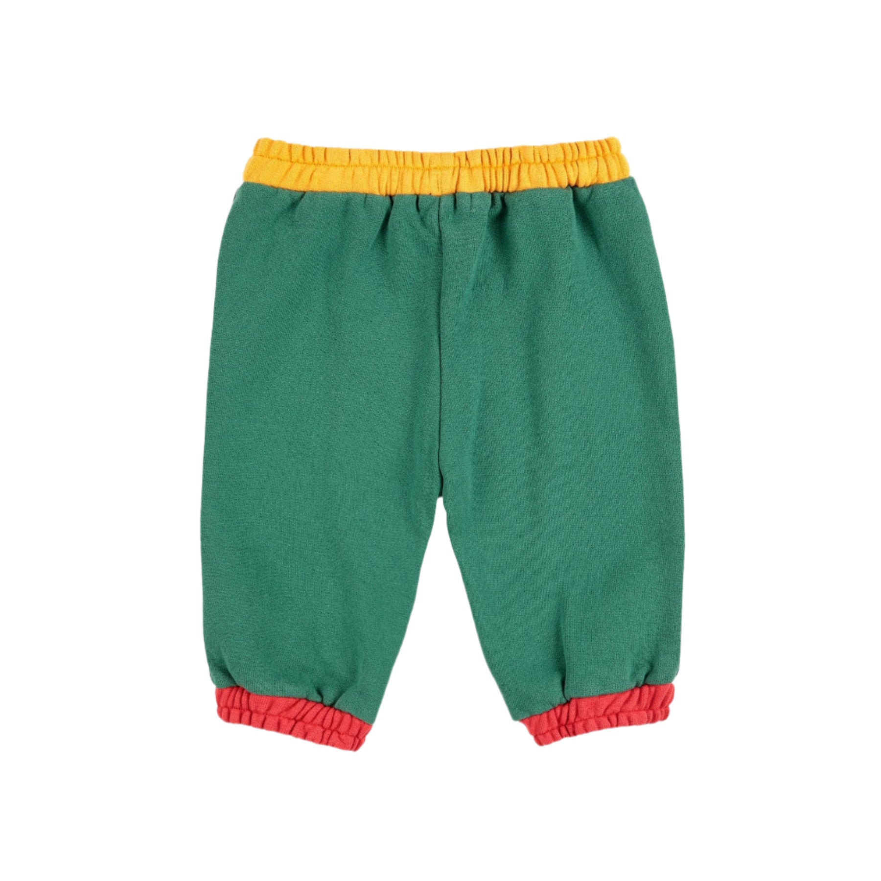 Green children's pants with yellow waistband and red cuffs on a white background - Little-ish