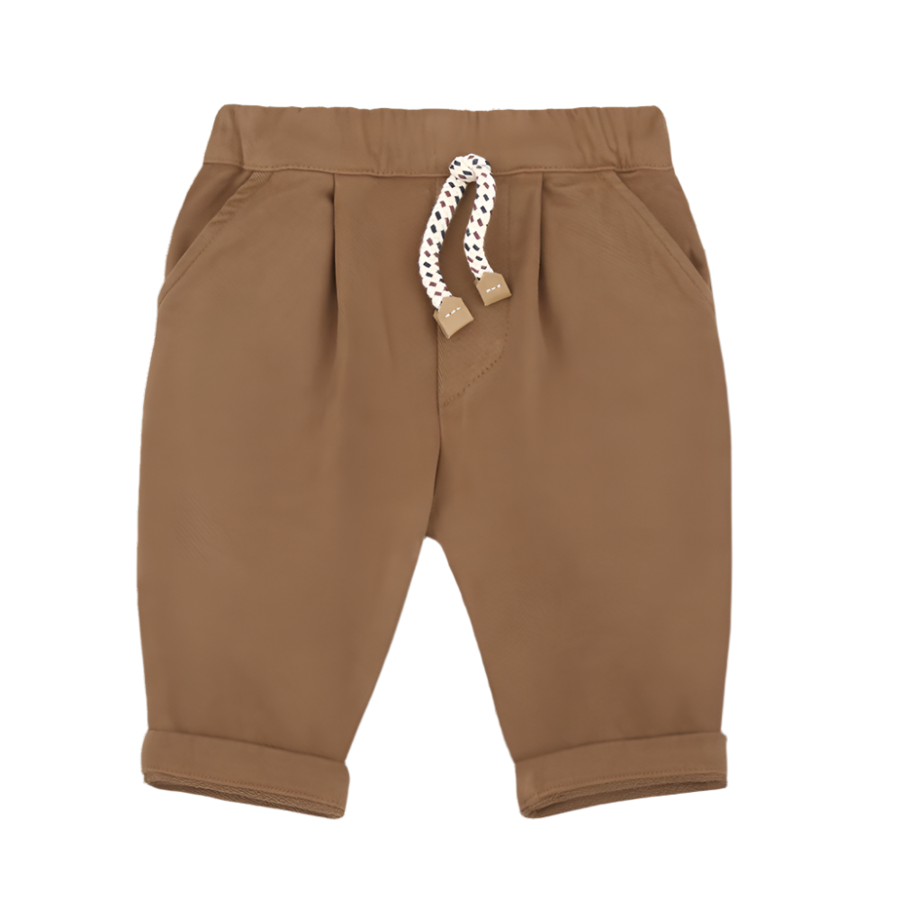 Brown pants with a white drawstring on a white background