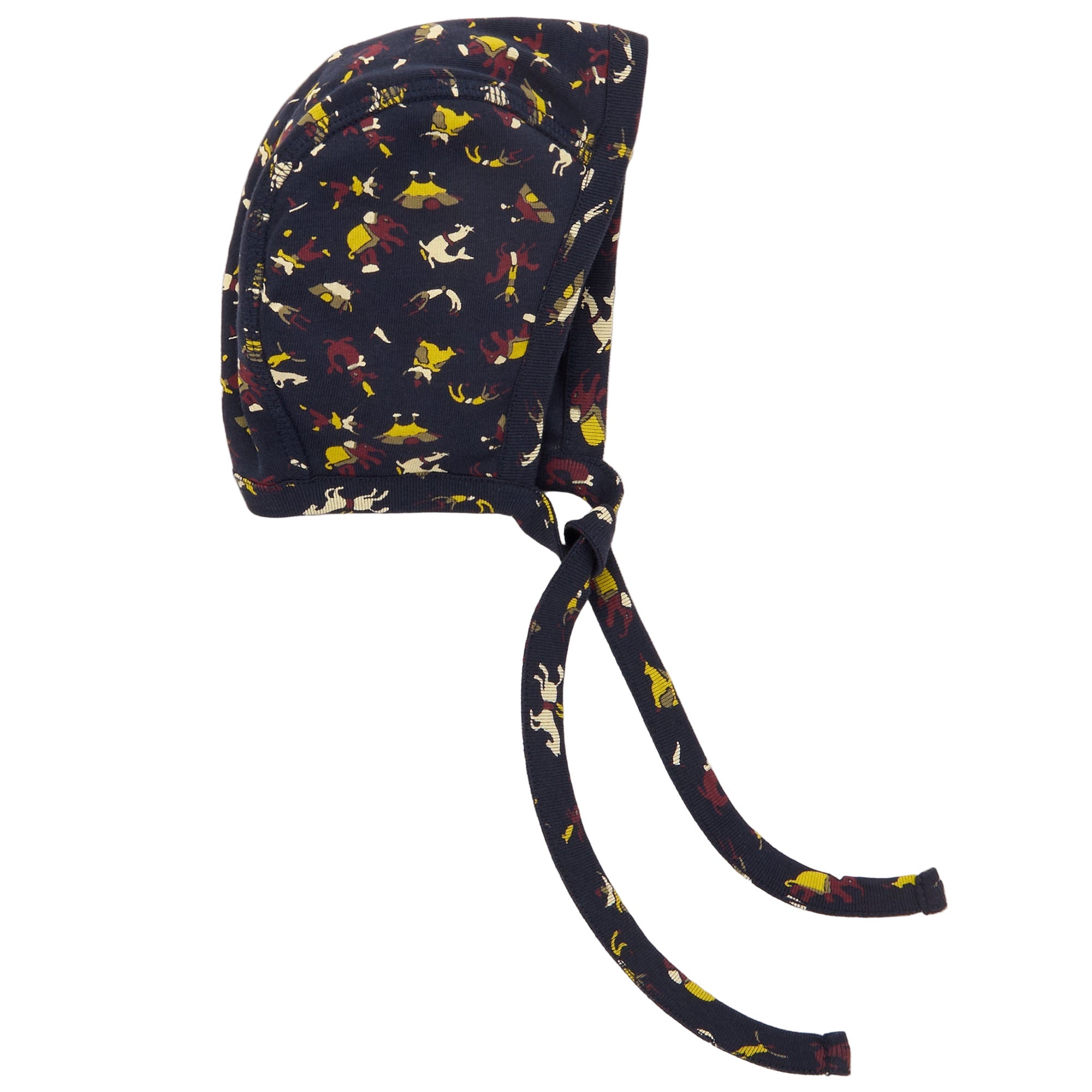 Navy blue baby bonnet with colorful animal pattern on a white background - Little-ish