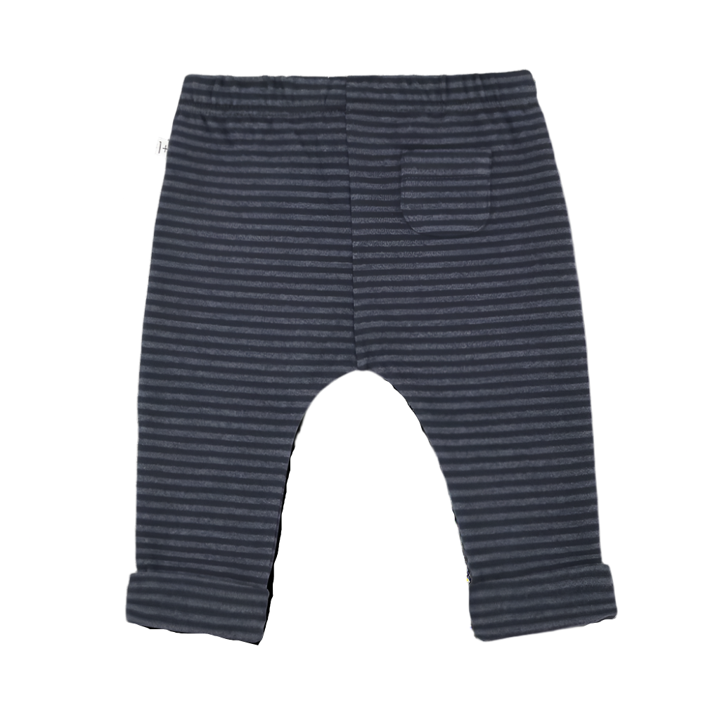 Navy striped baby pants on a white background
