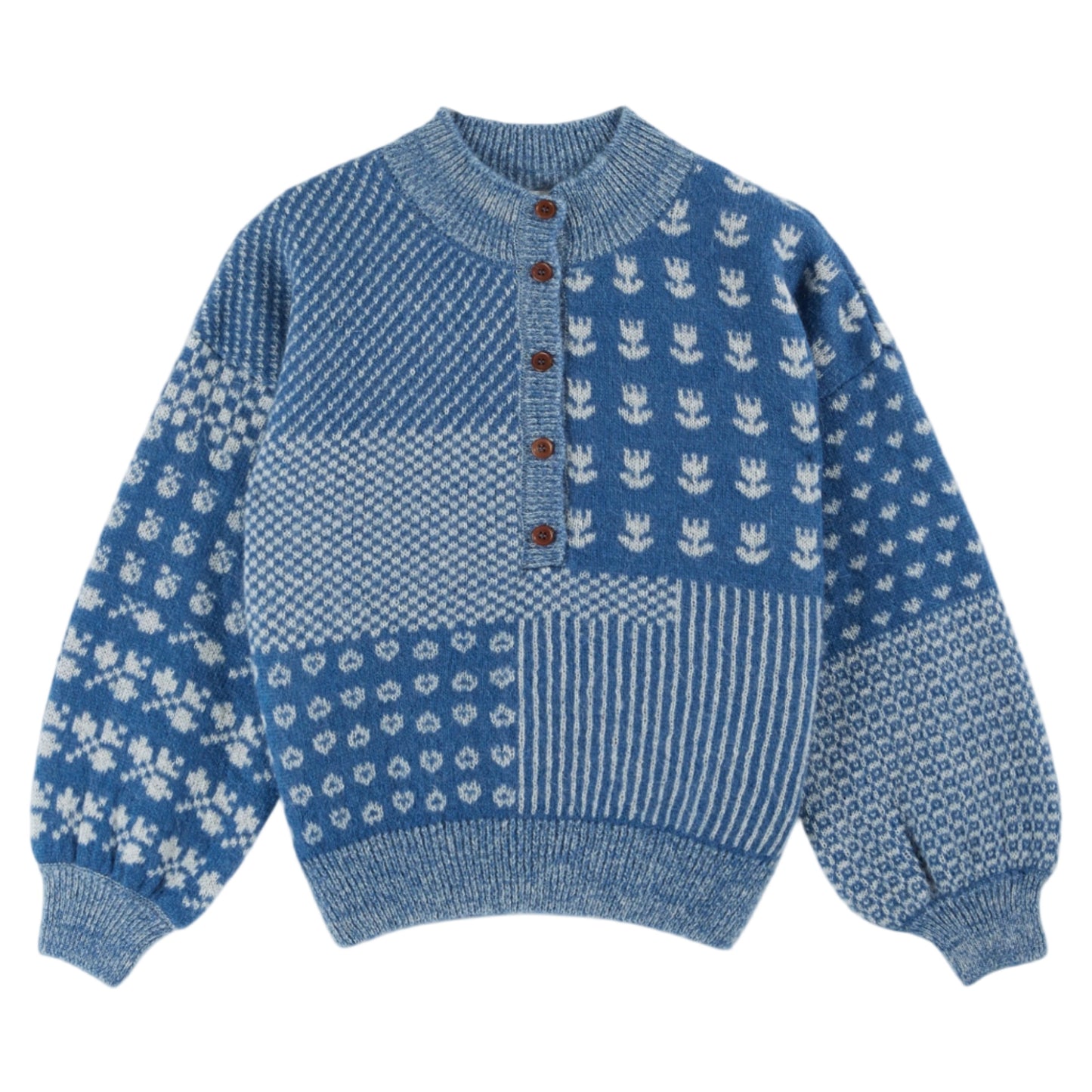 Blue knitted sweater with floral patterns on a white background