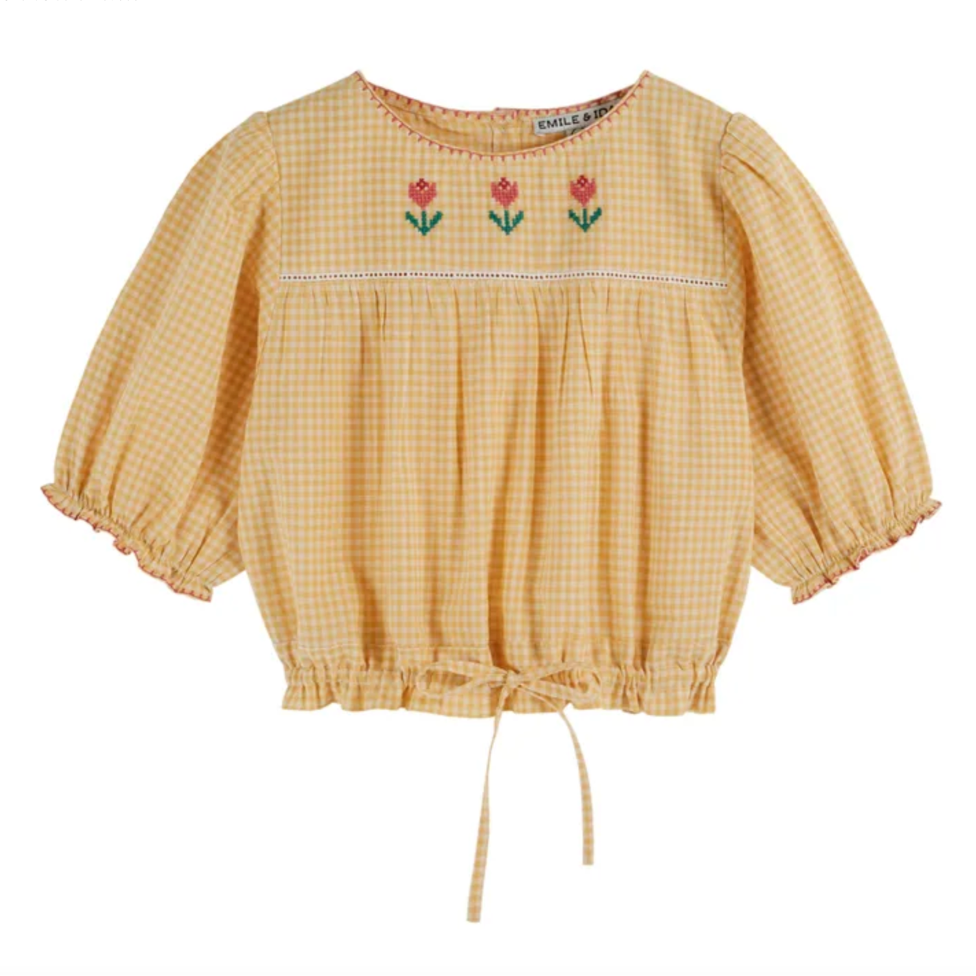 GINGHAM SHIRT SLEEVE BLOUSE - JAUNE BRODEE - Little-ish