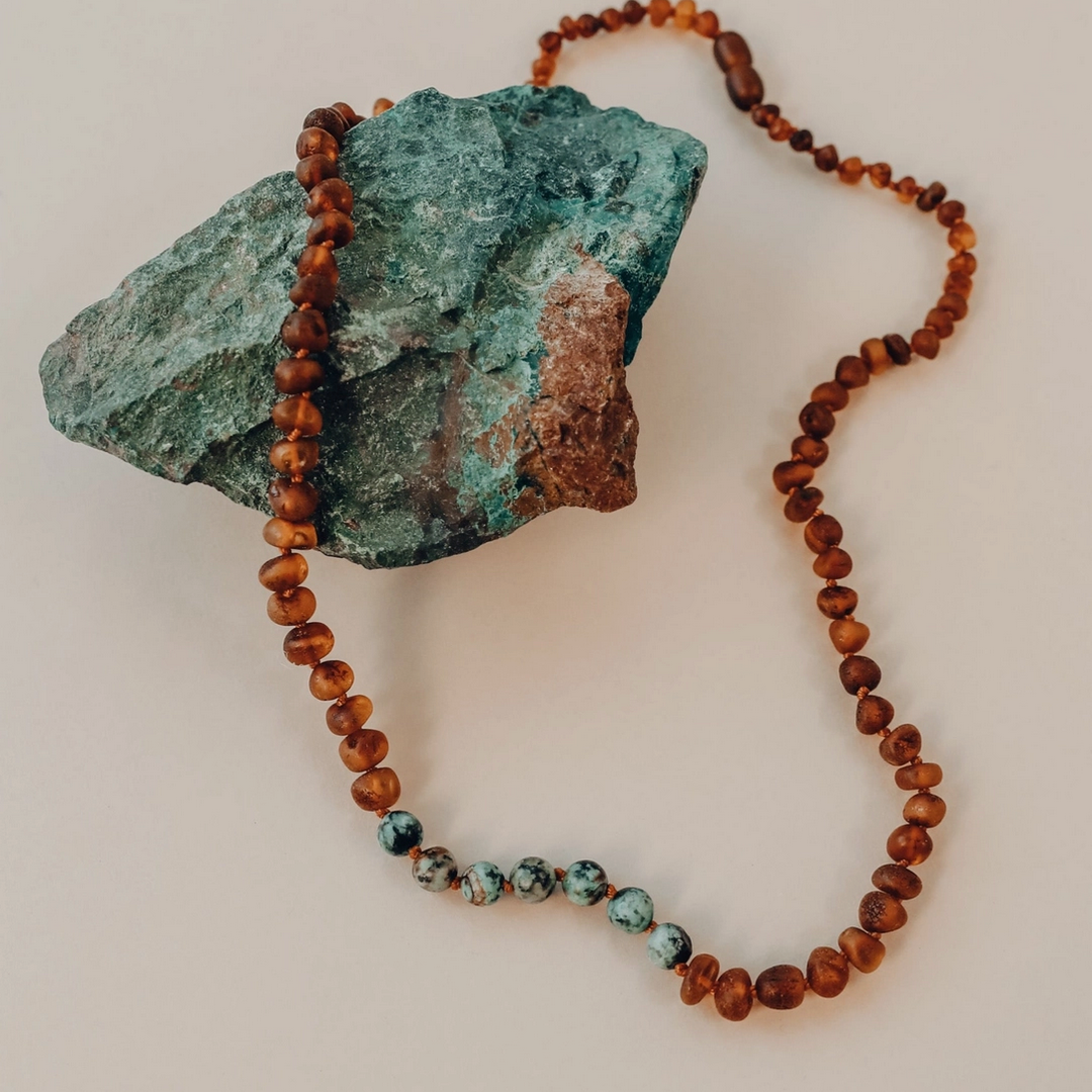 RAW COGNAC BALTIC AMBER + TURQUOISE JASPER NECKLACE - Little-ish