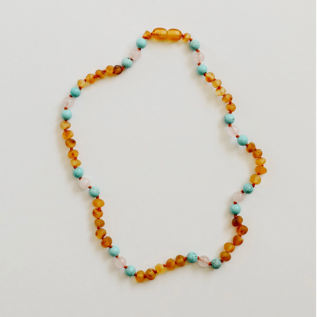 RAW HONEY BALTIC AMBER + TURQUOISE + ROSE QUARTZ NECKLACE - Little-ish