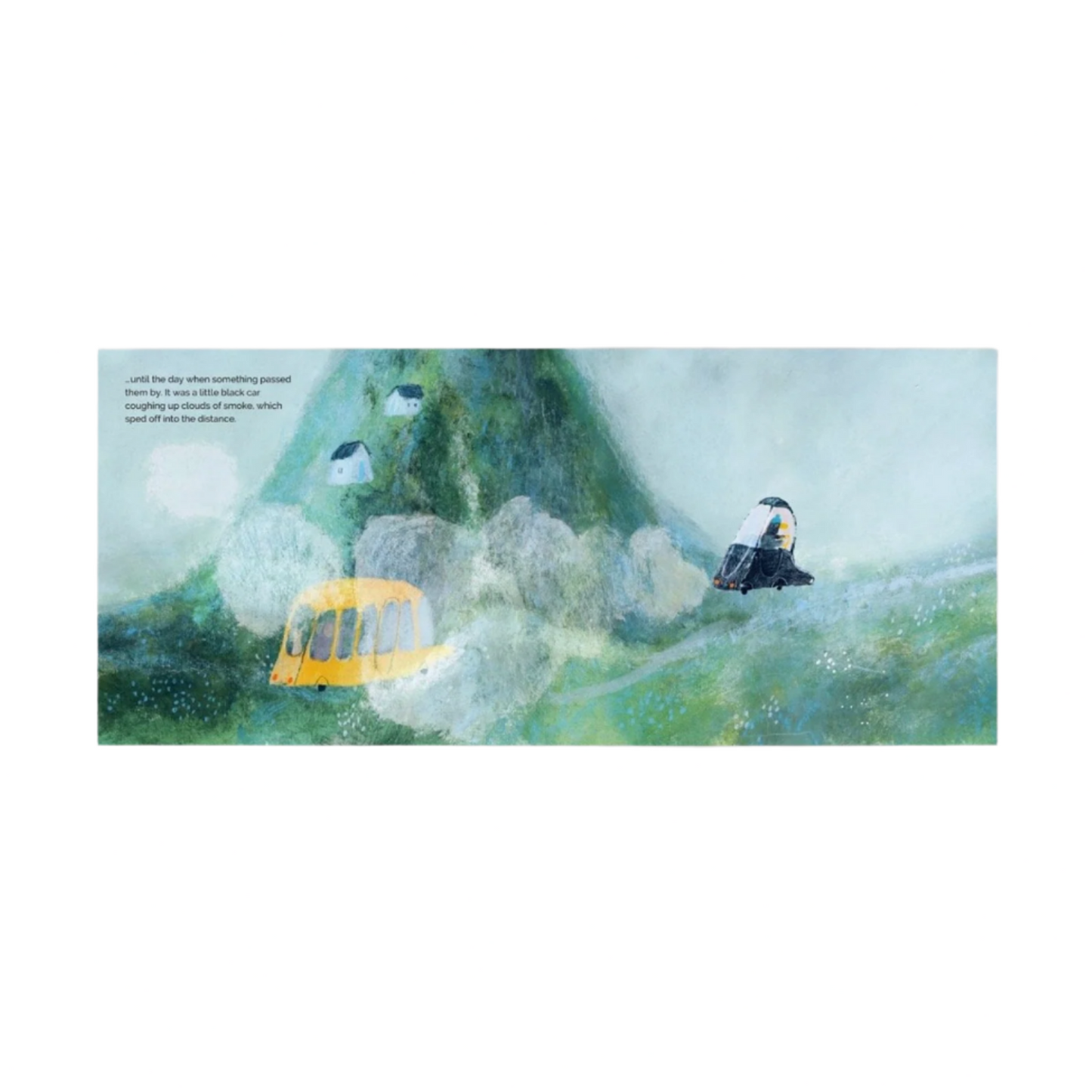 Animated scene with a yellow vehicle and black character on a white background