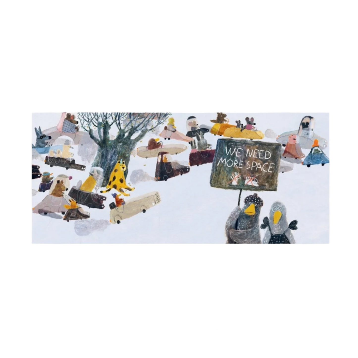 Cartoon animals in a snowy scene with a sign saying 'We Need More Space'.