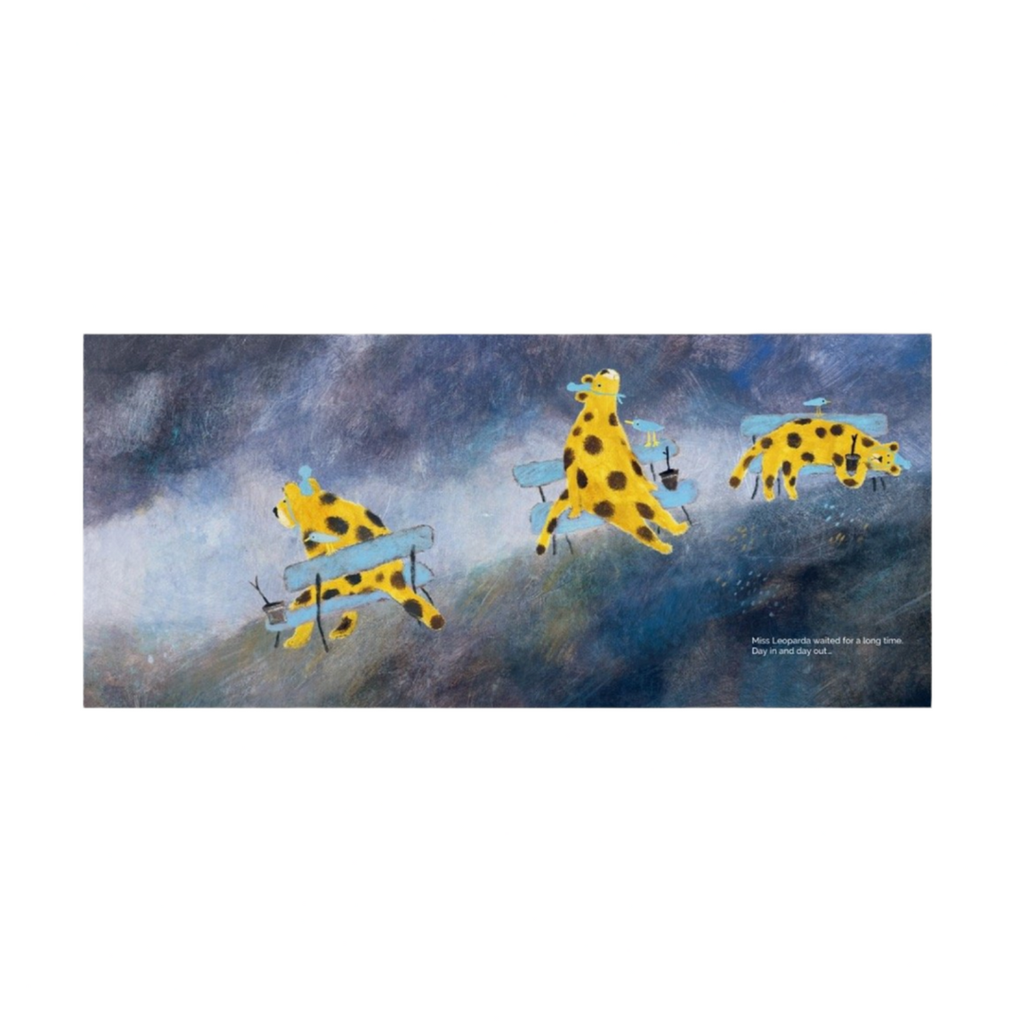 Painting of three yellow creatures with blue accents on a dark background
