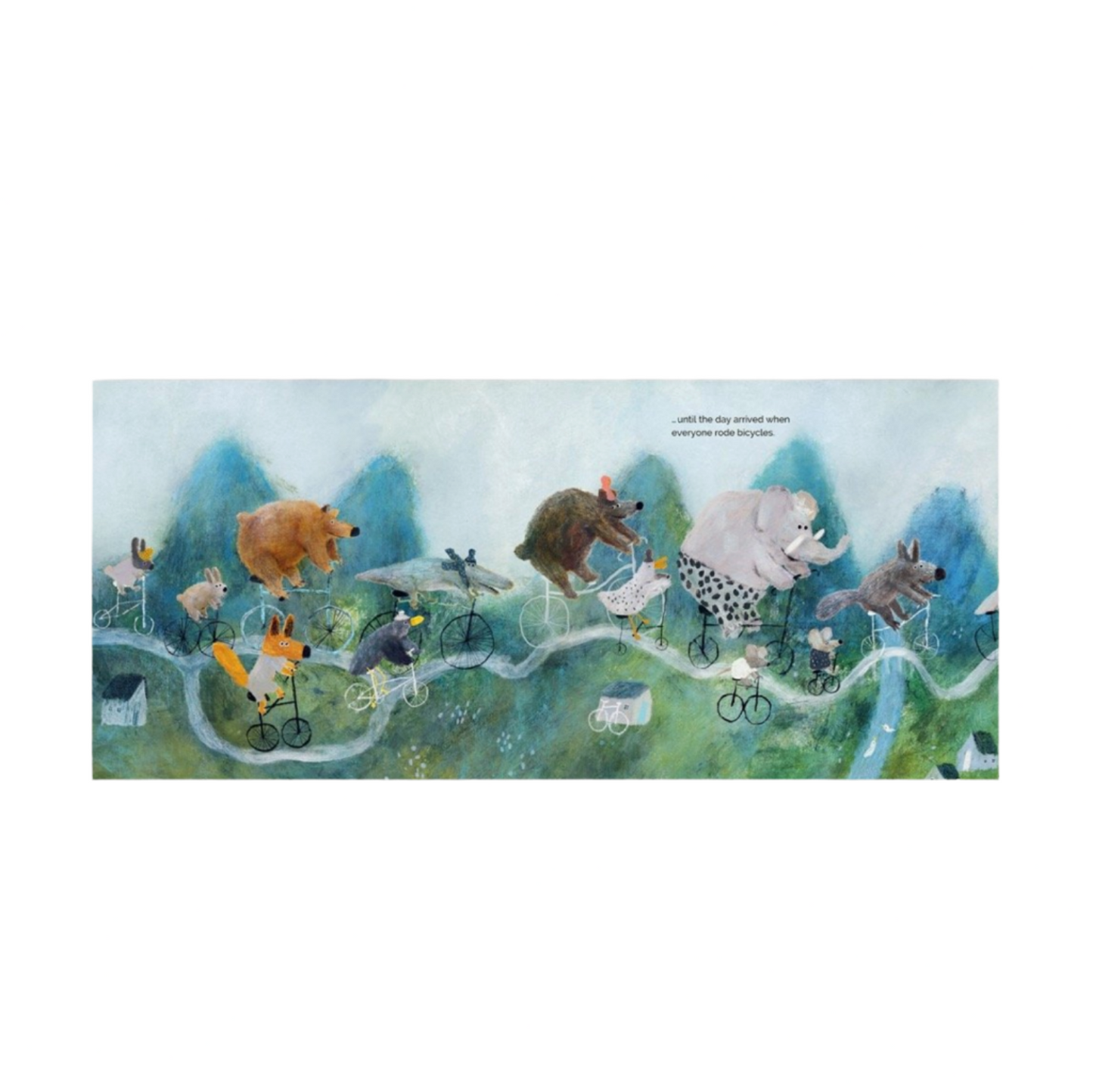 Illustration of animals crossing a river with mountains in the background