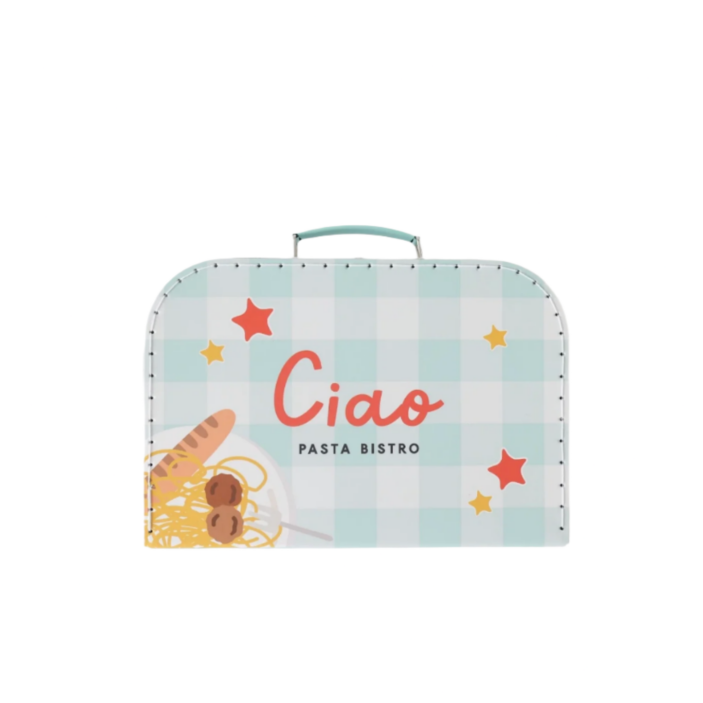 Small pouch with 'Ciao Pasta Bistro' text and food illustrations on a light background