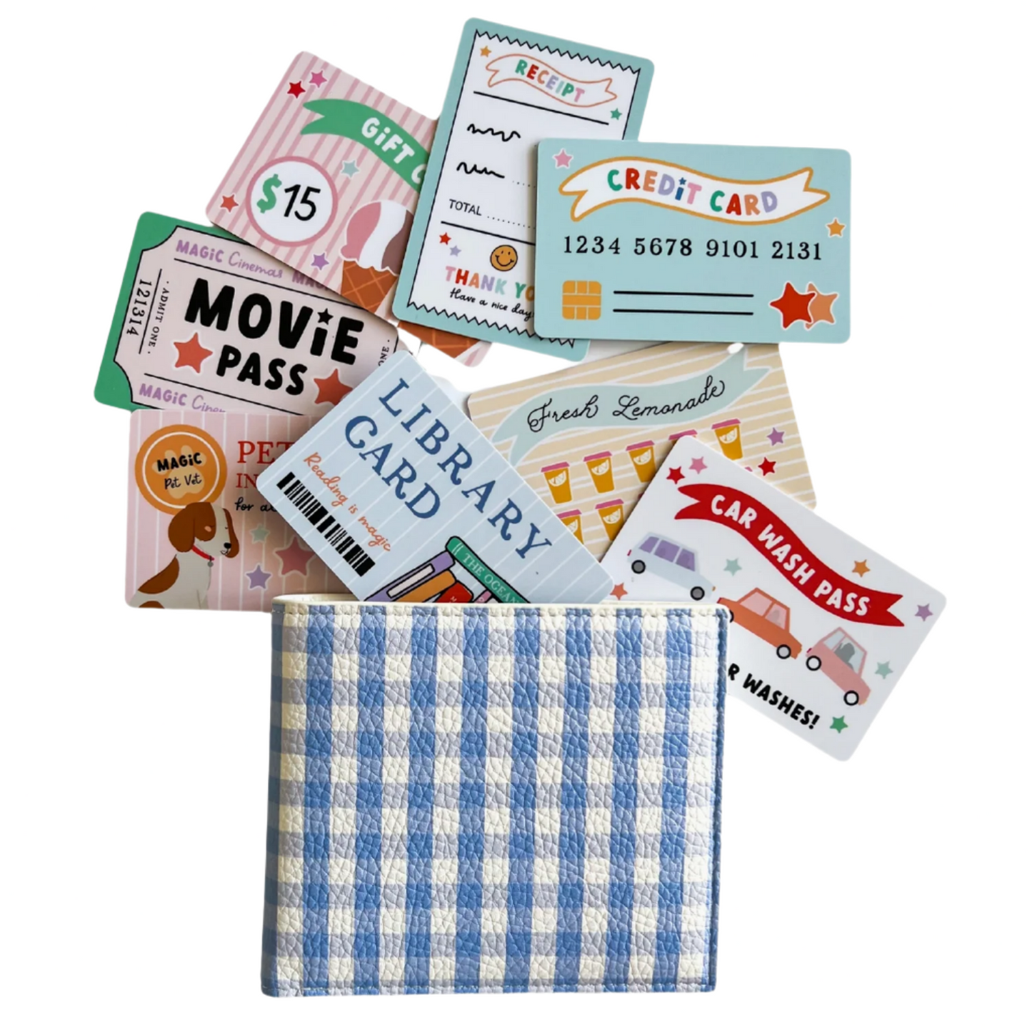 Collection of various gift cards and a blue checkered wallet on a white background