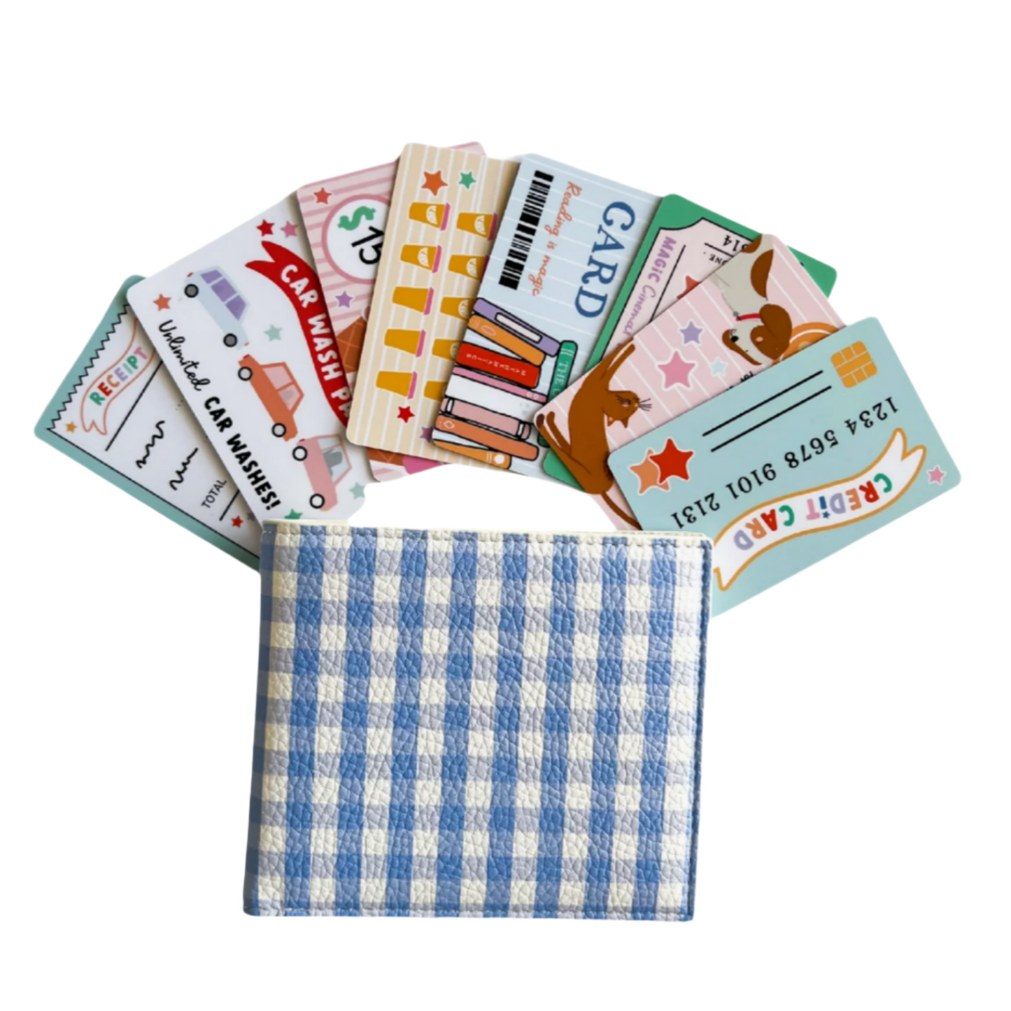 Set of colorful play cards with a blue and white checkered pouch on a white background