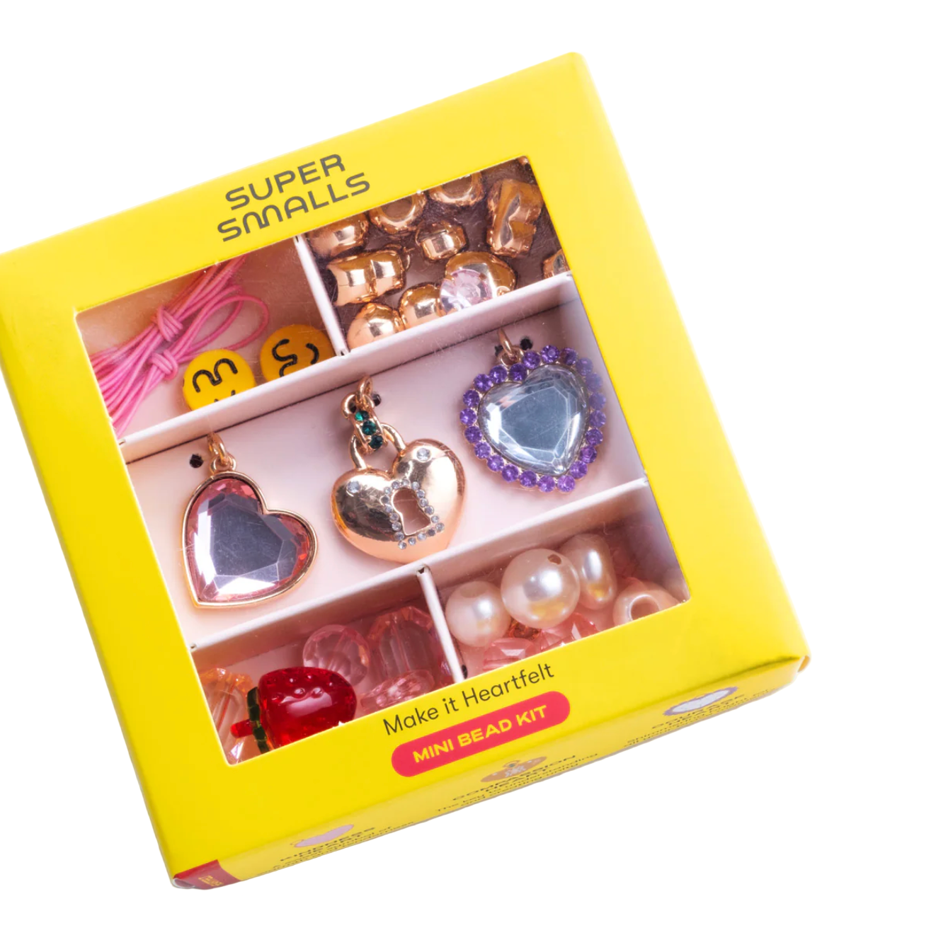 Super Smalls mini bead kit with heart-shaped charms and beads on a white background