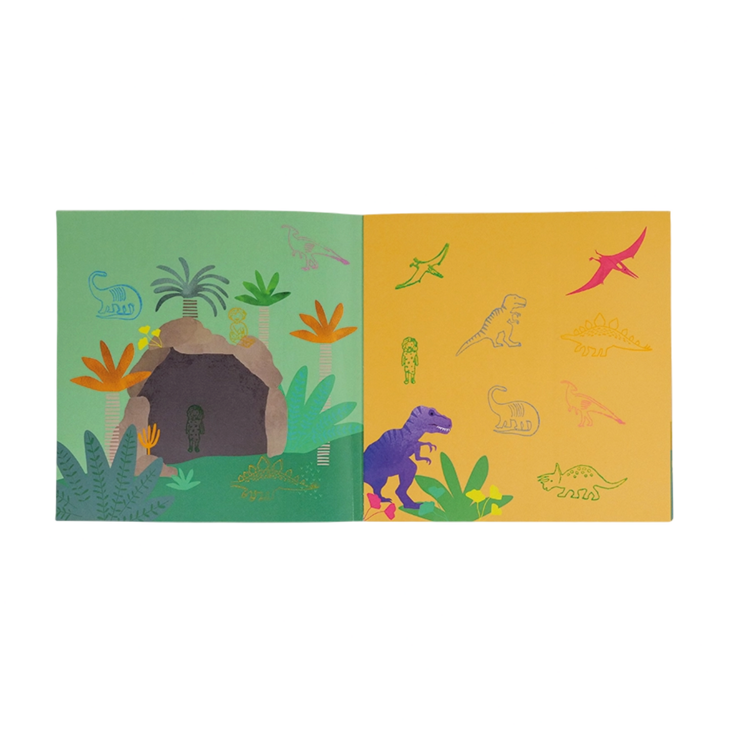 Children's book with dinosaur illustrations on a white background