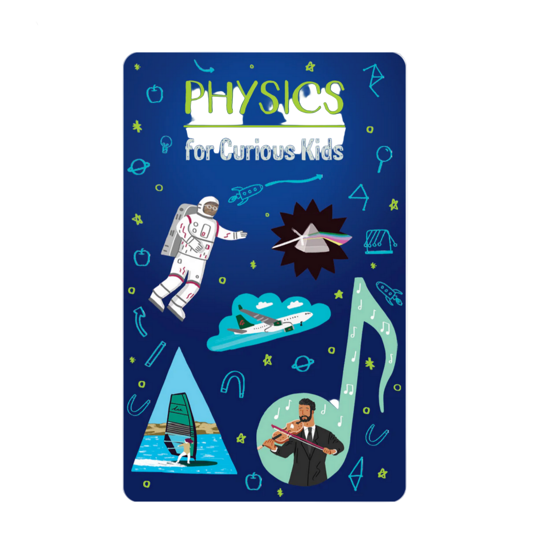 Book cover titled 'Physics for Curious Kids' with illustrations on a blue background - Little-ish