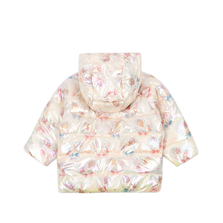 Floral-patterned puffer jacket on a white background