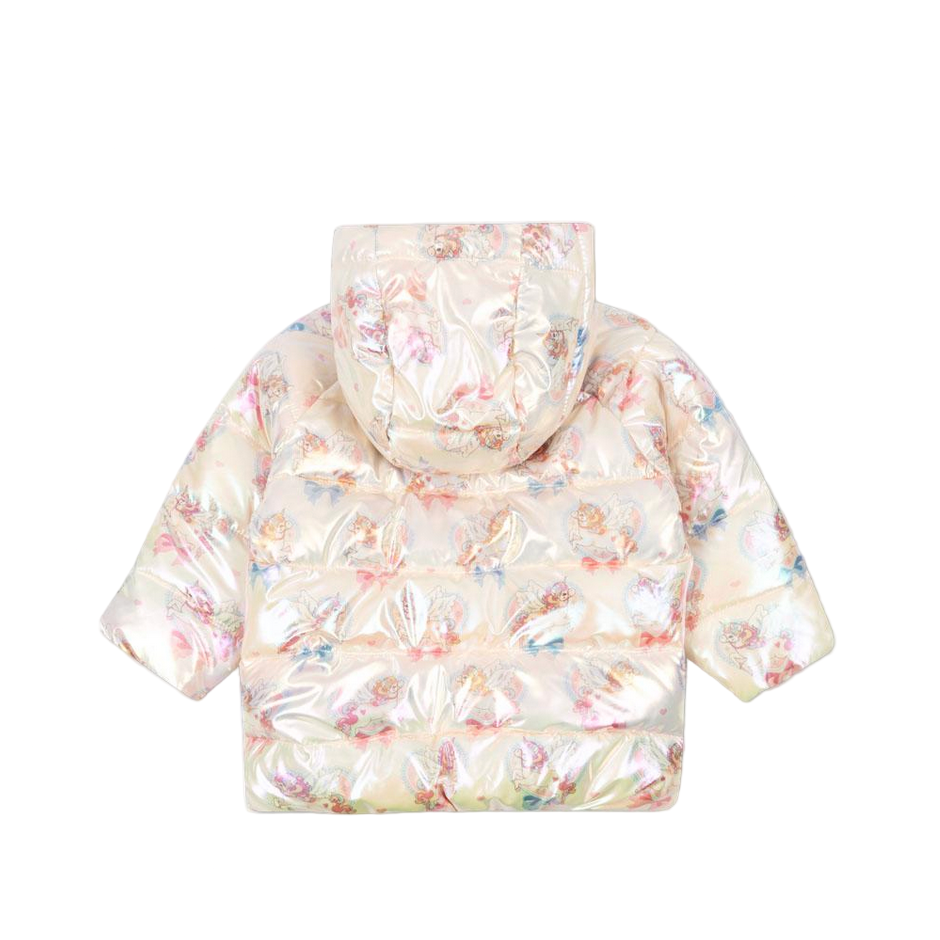 Floral-patterned puffer jacket on a white background
