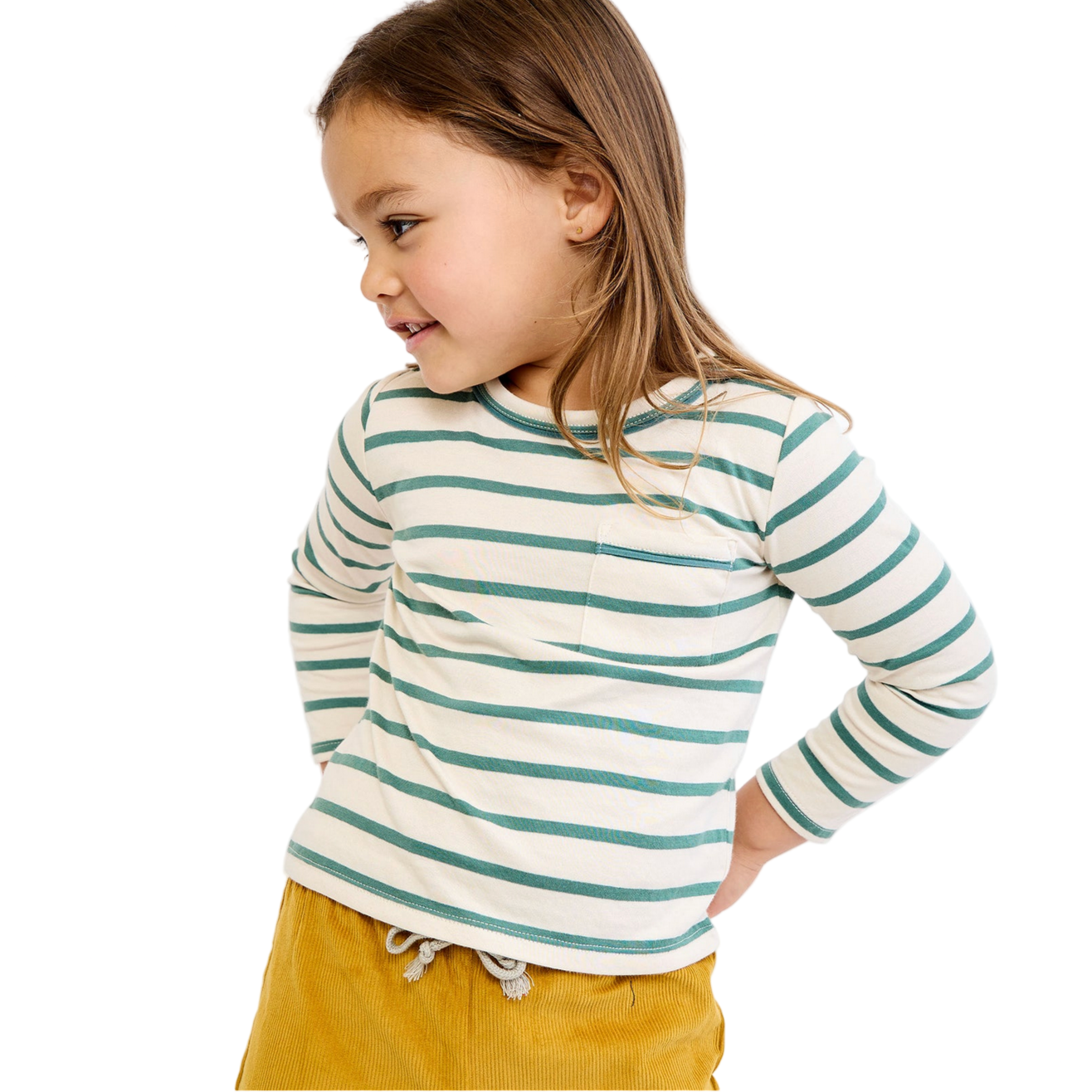 Child wearing a striped shirt and yellow pants on a white background - Little-ish