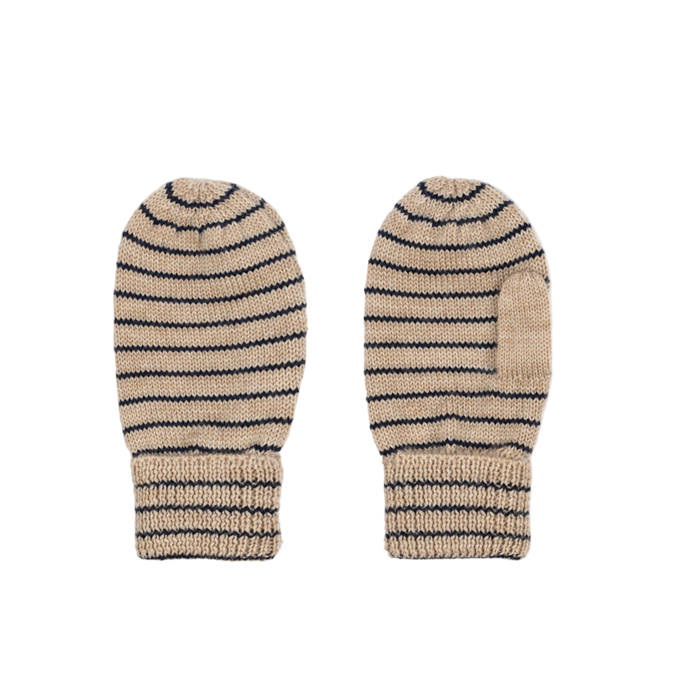 Pair of striped knit mittens on a white background - Little-ish