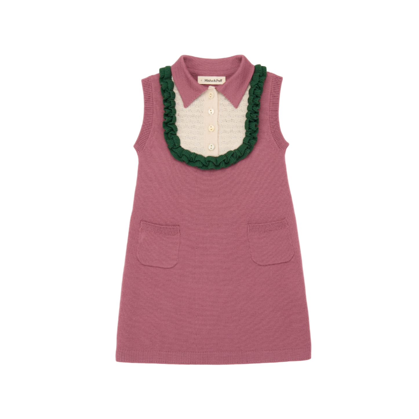 Pink dress with green trim on a white background - Little-ish