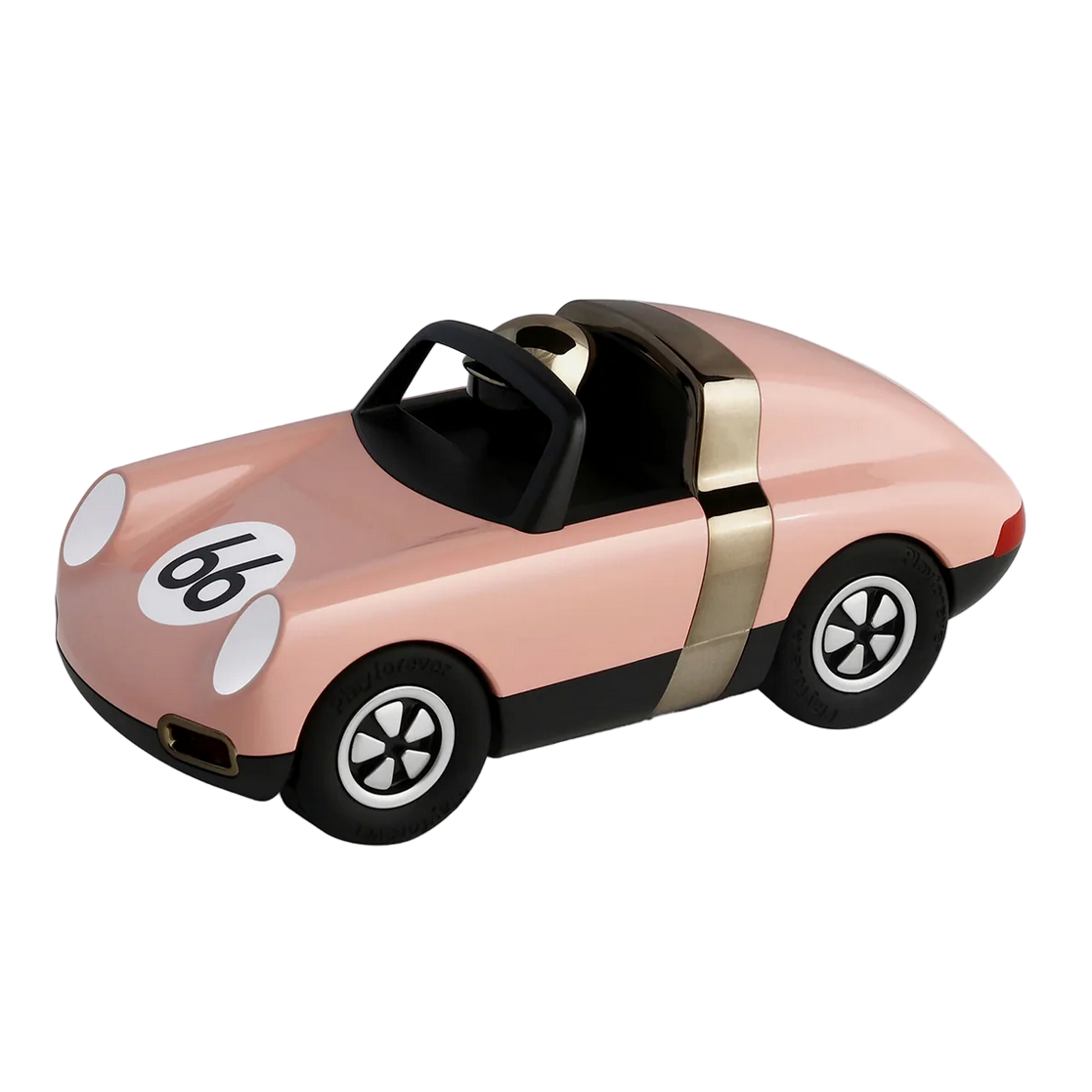 Pink toy car with black wheels and a gold stripe on a white background - Little-ish