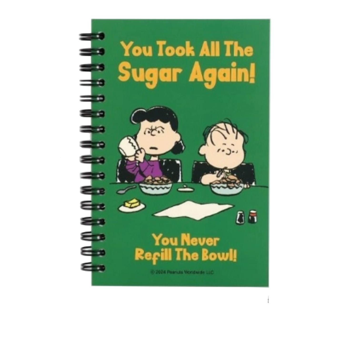 Notebook with cartoon characters and humorous text on a green cover, with dimensions displayed.