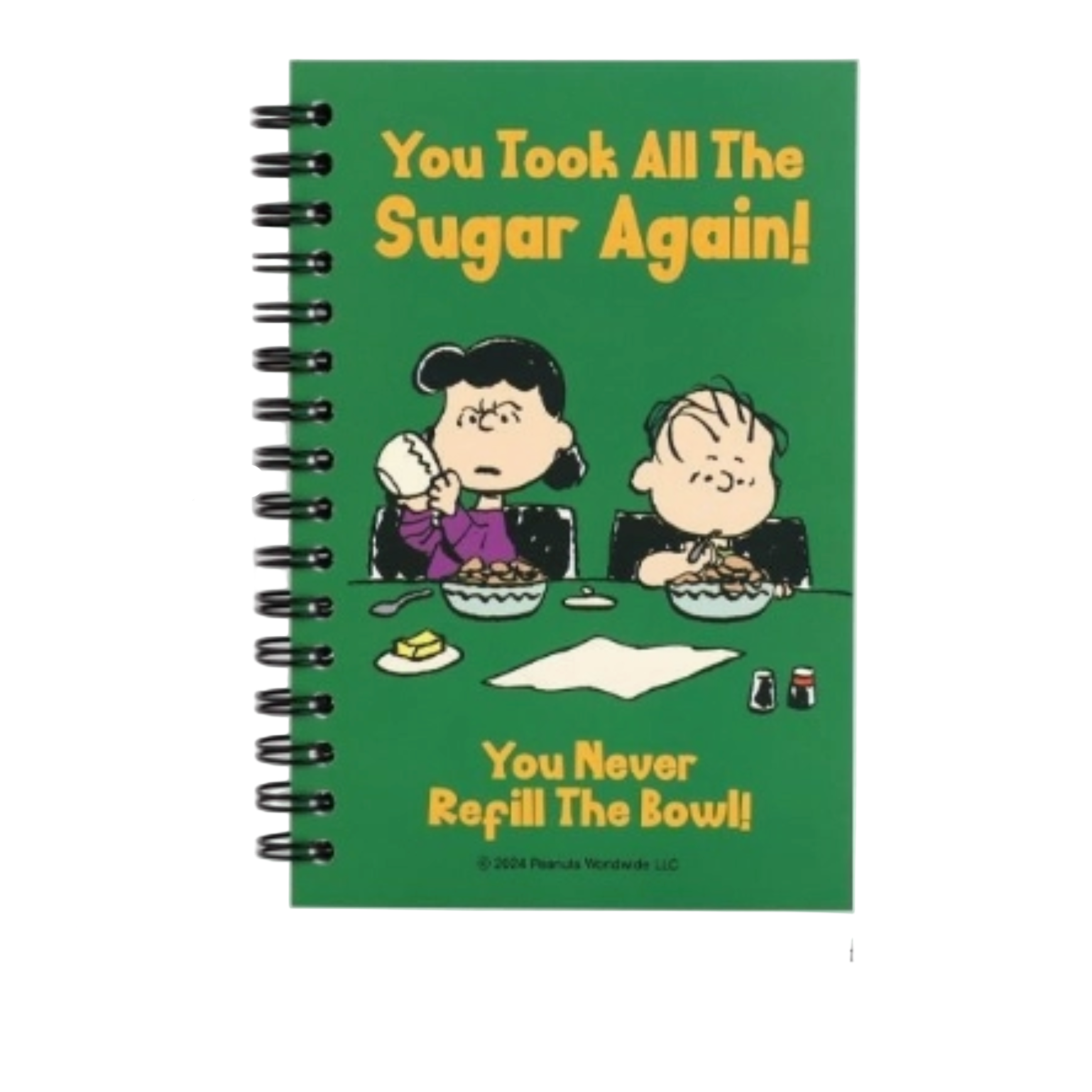 Notebook with cartoon characters and humorous text on a green cover, with dimensions displayed.