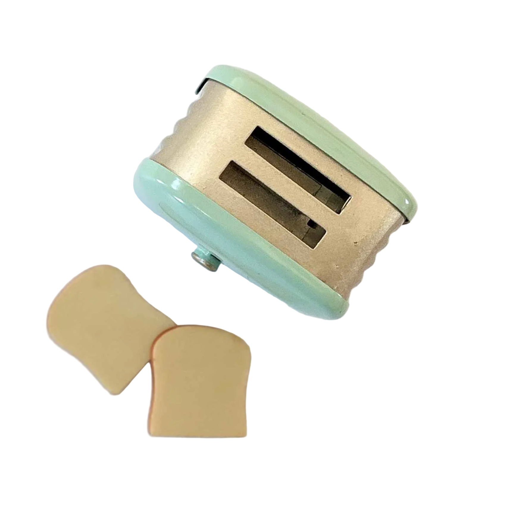 Miniature dollhouse toaster with bread slices on a white background - Little-ish