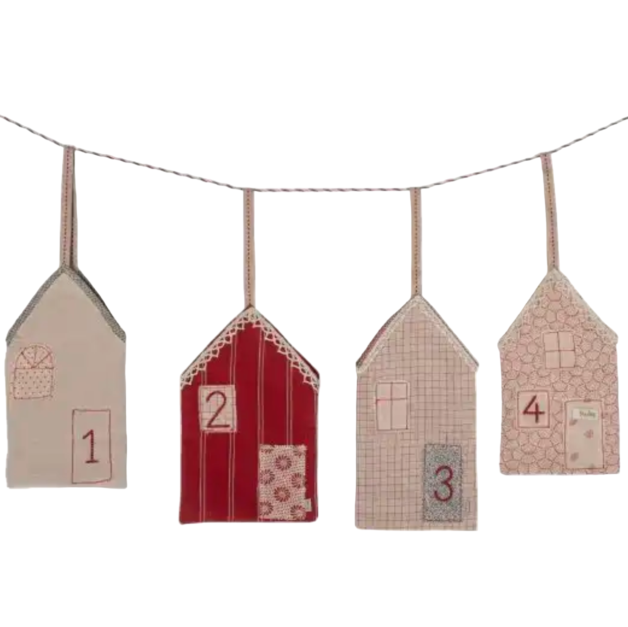 Decorative banner with house-shaped flags numbered 1 to 4 on a white background - Little-ish