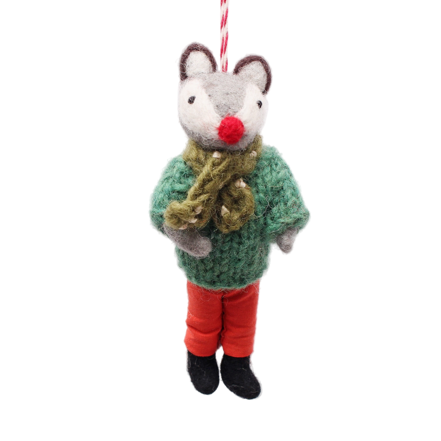 Plush mouse ornament wearing a green sweater and red pants on a white background - Little-ish