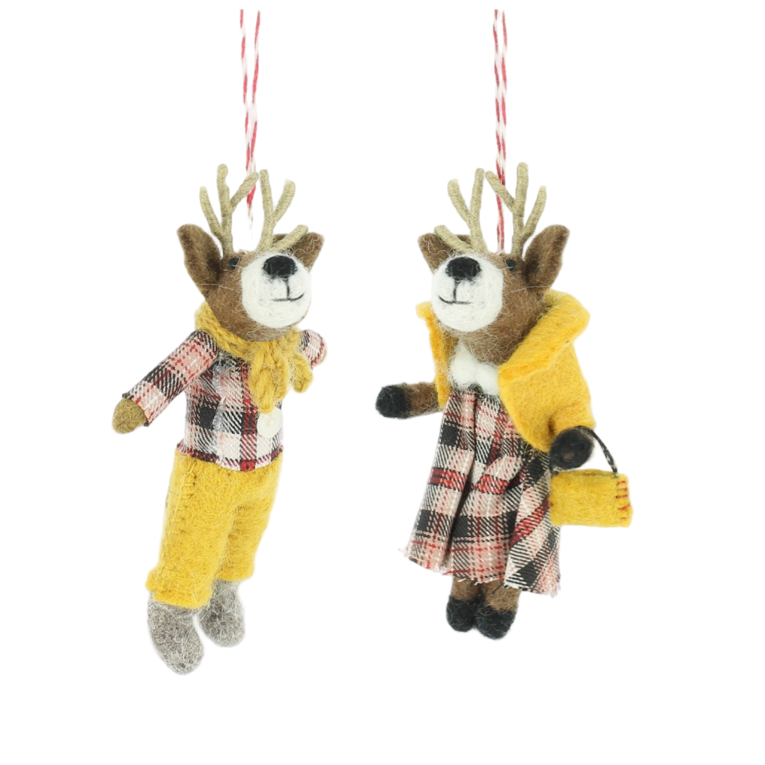 Two deer ornaments wearing yellow jackets and plaid outfits on a white background - Little-ish