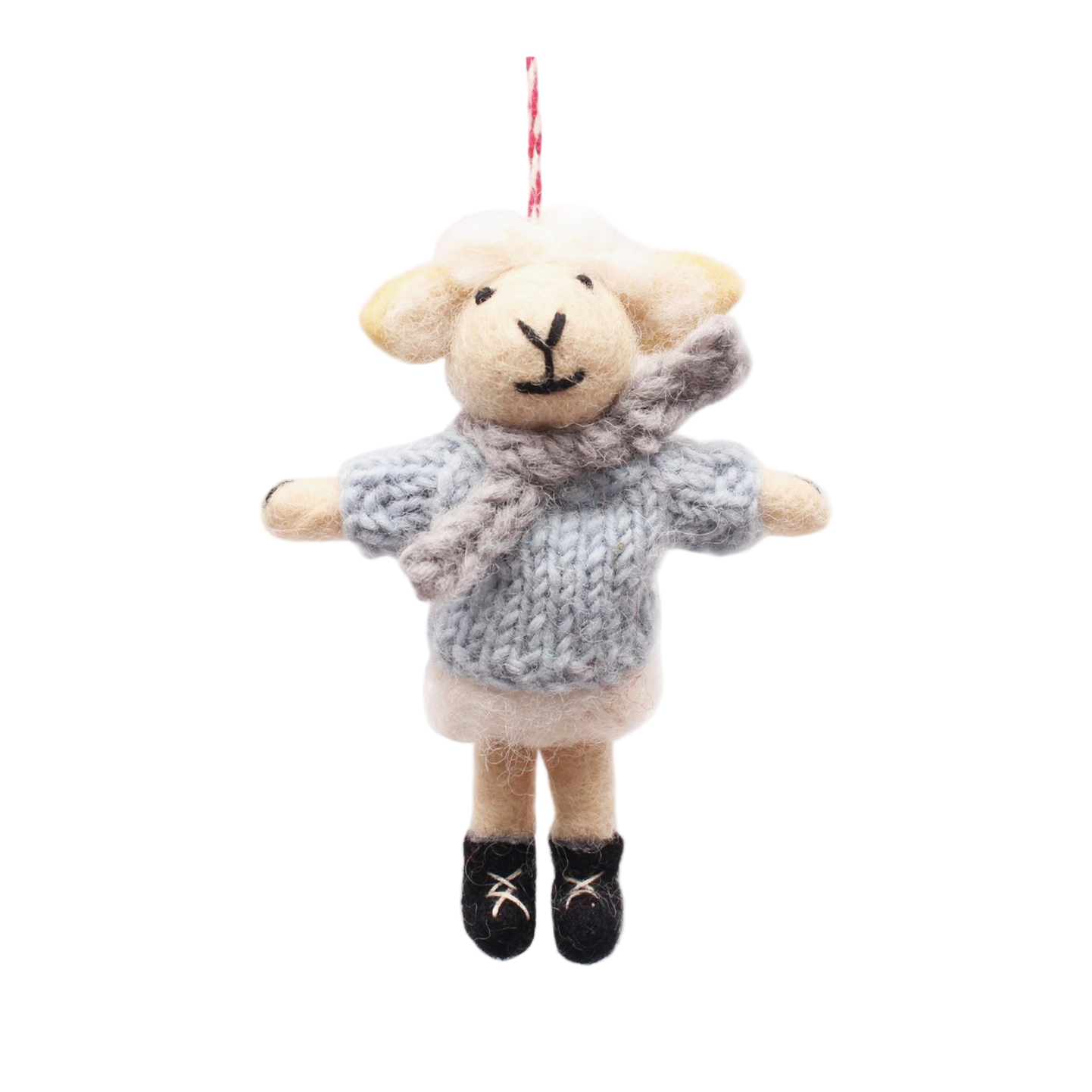 Plush sheep toy wearing a sweater on a white background - Little-ish