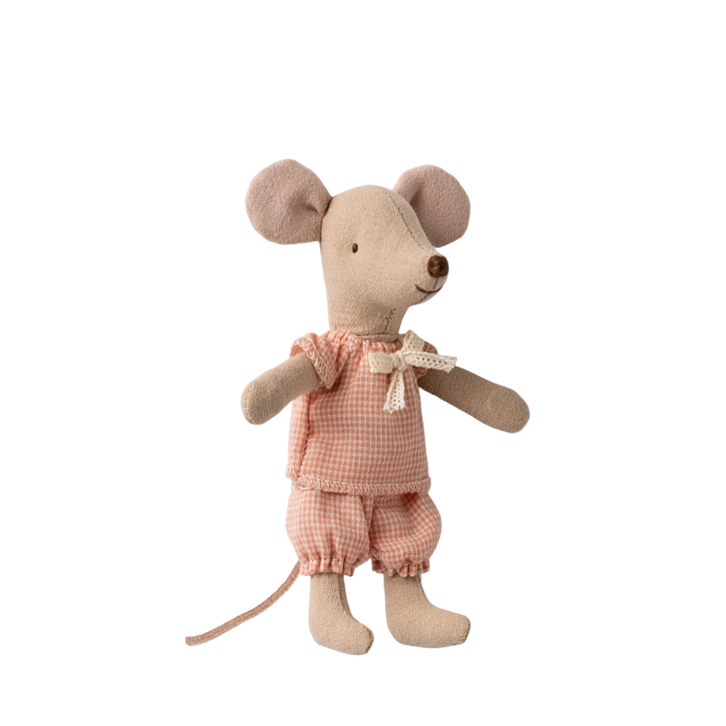 Stuffed toy mouse in pink outfit on a computer screen with web browser tabs open.