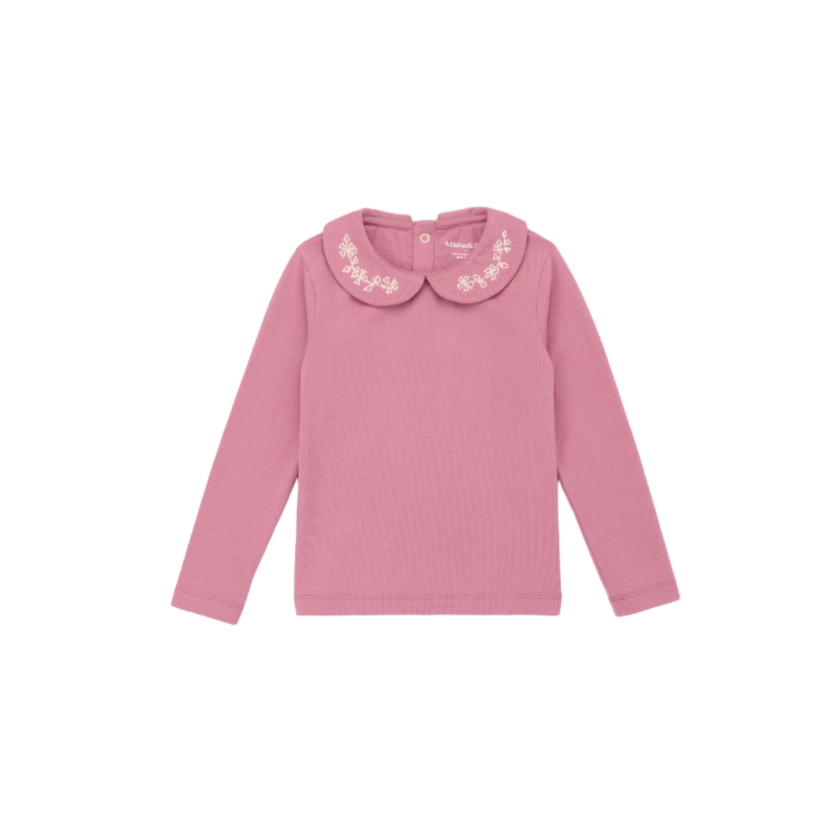 Pink long-sleeve shirt with embroidered collar on a white background