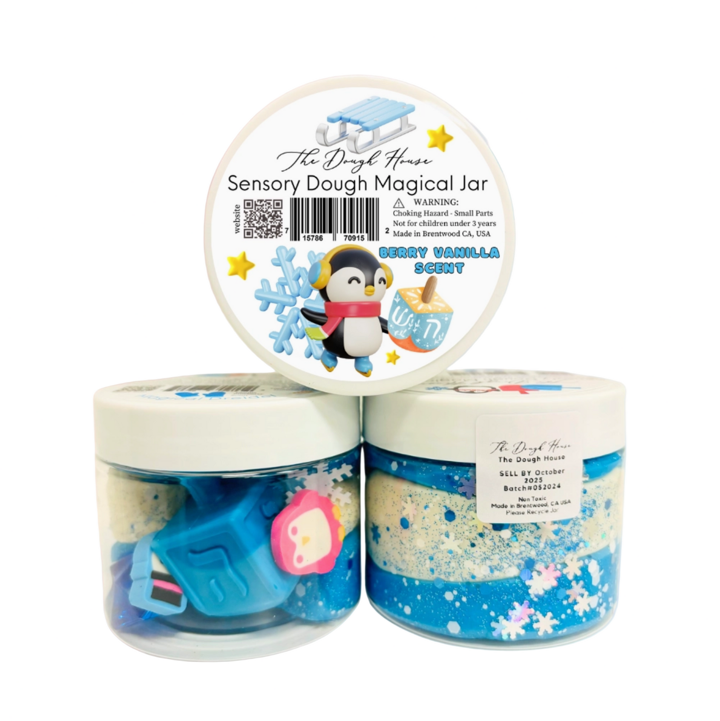Sensory dough magical jar with penguin design and 'The Dough House' branding on a pink and blue gradient background.