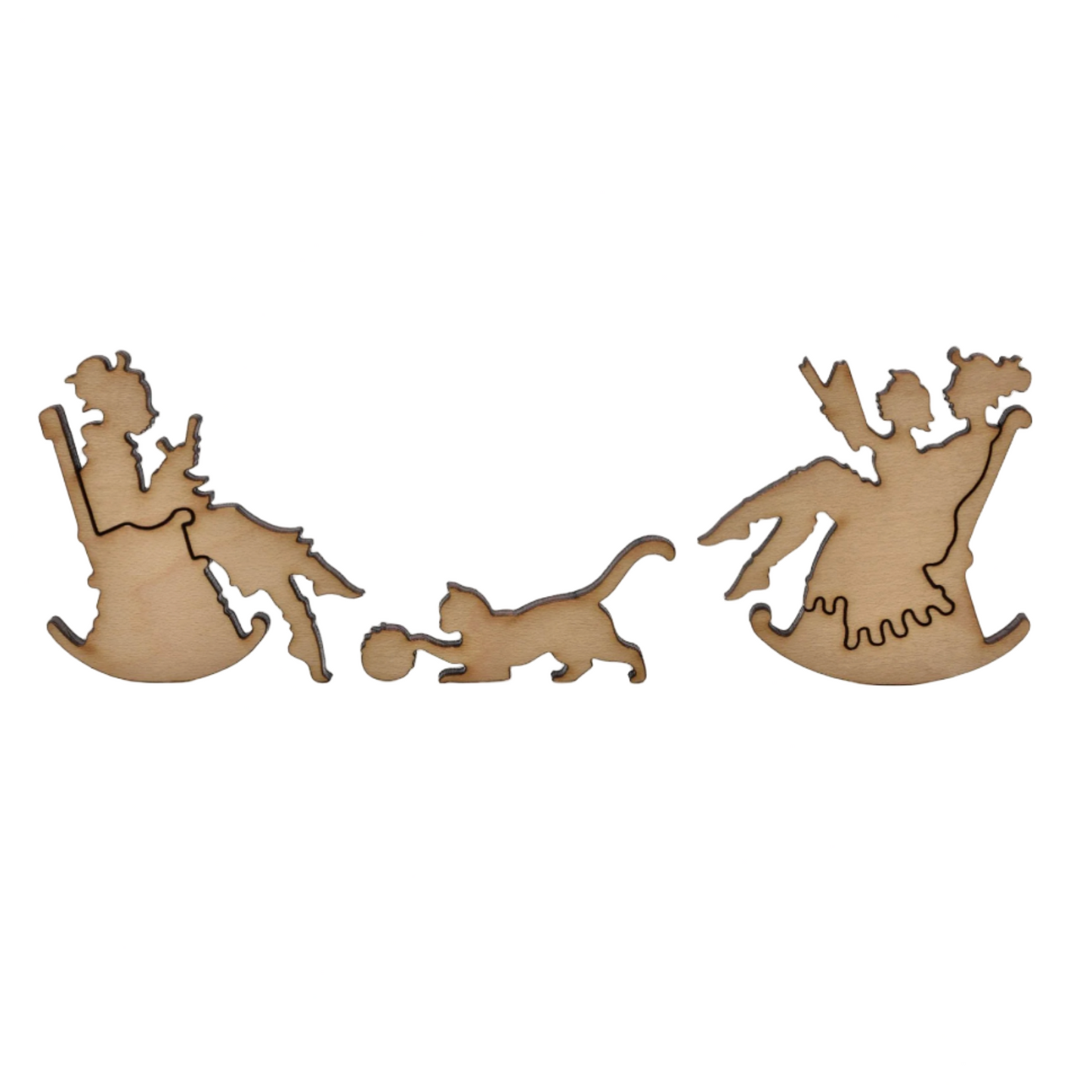 Wooden cutouts of two people on rocking chairs with a cat between them on a white background