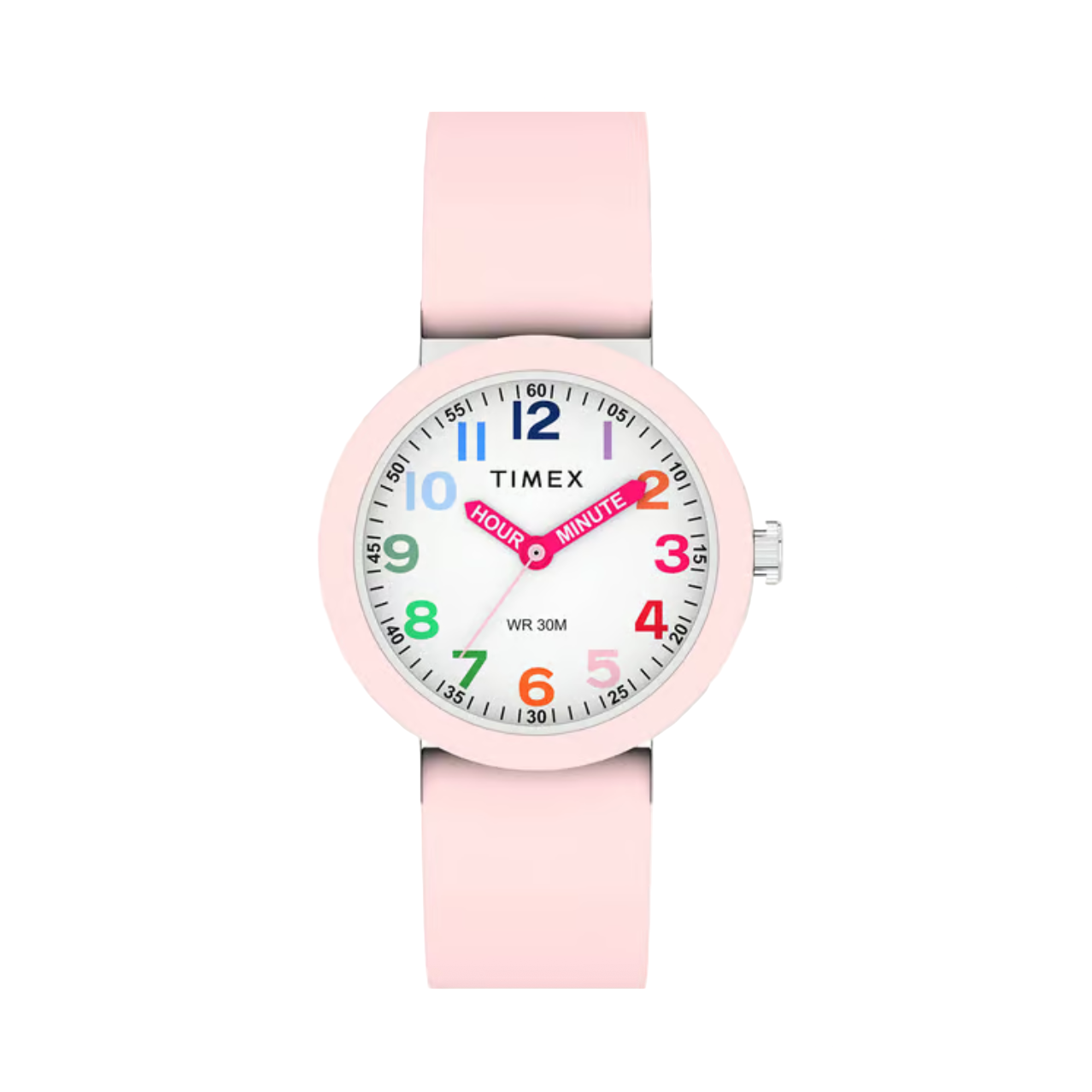 Pink Timex watch with colorful numbers on a white background