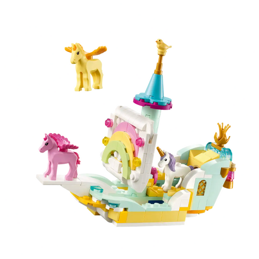 Toy pirate ship with unicorn figures on a white background