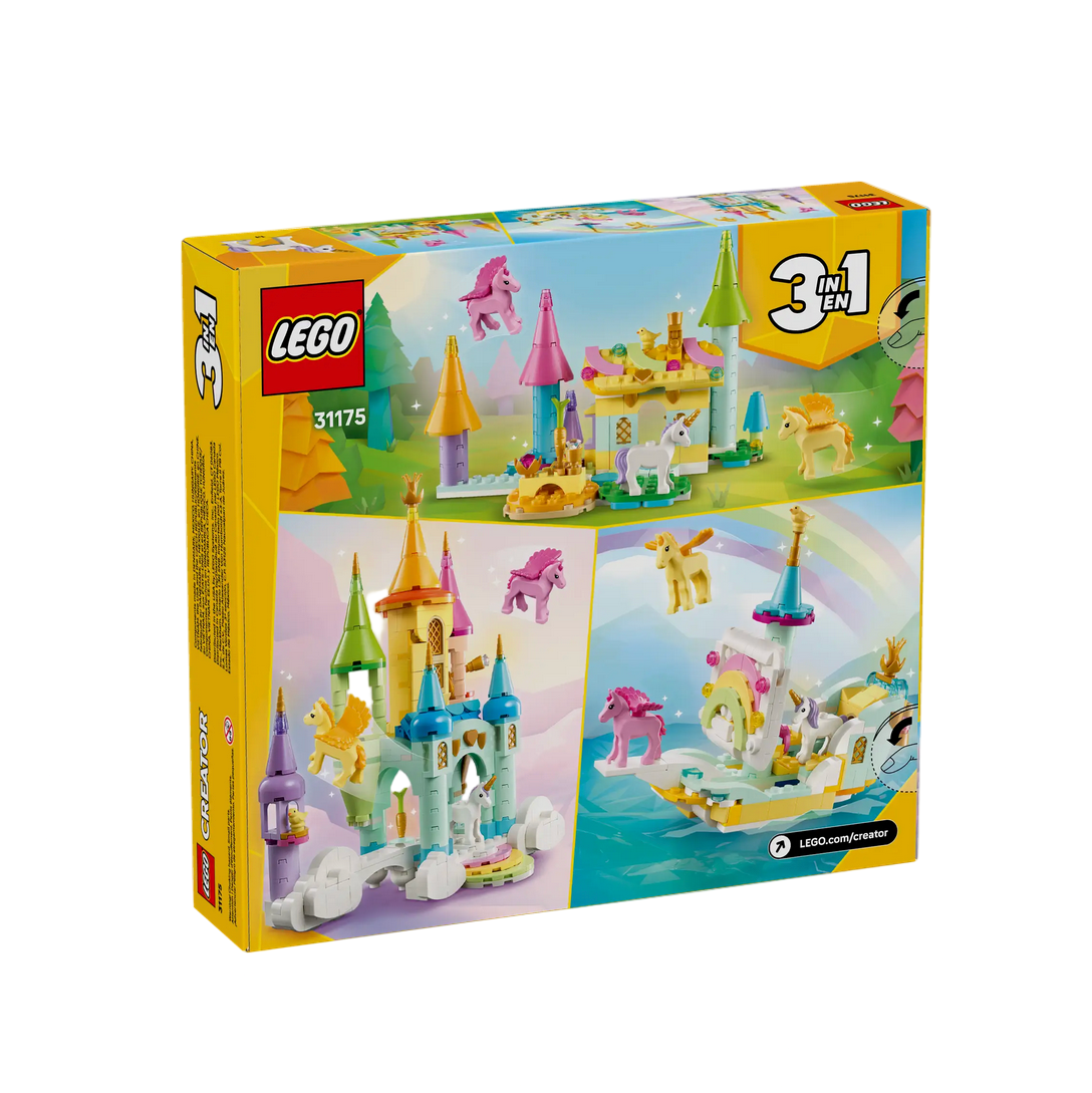 LEGO set packaging with castle and unicorn design on a computer screen.
