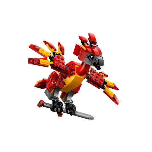 Red and yellow mechanical dragon-like creature made of interlocking bricks on a white background.