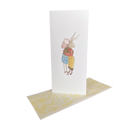Illustration of a person with rabbit ears standing next to a jellymallow character on a white card.