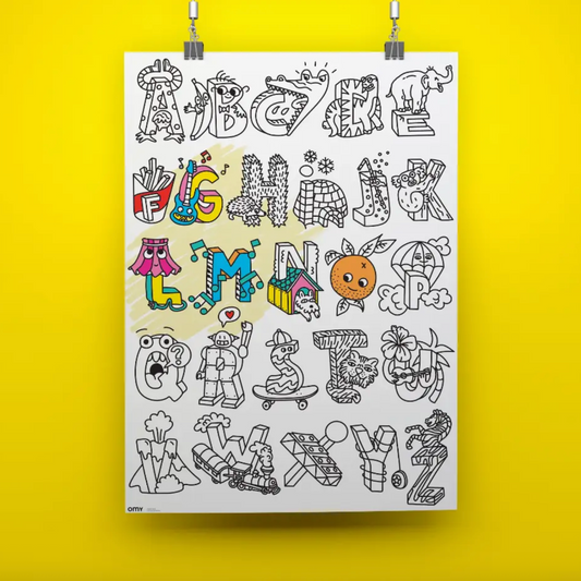 Colorful alphabet poster with cartoon-style letters on a yellow background