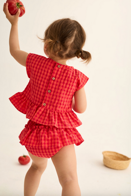 LUA TOMATO RED GINGHAM PEPLUM TOP