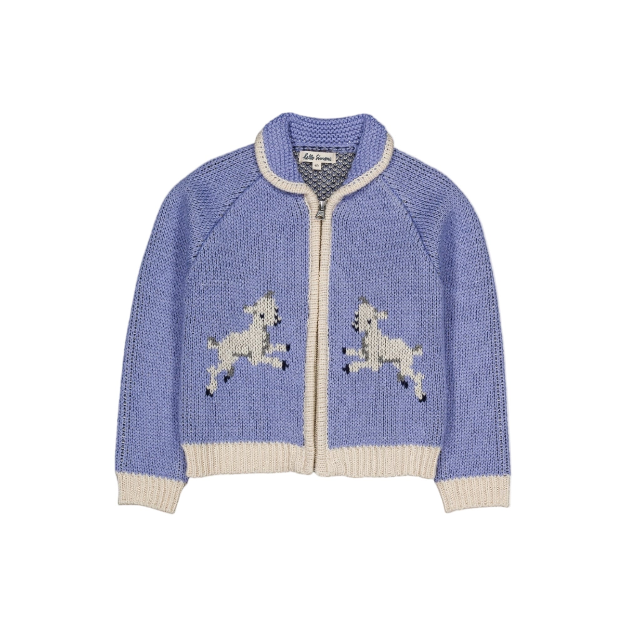 Blue knitted cardigan with zebra designs on a white background - Little-ish