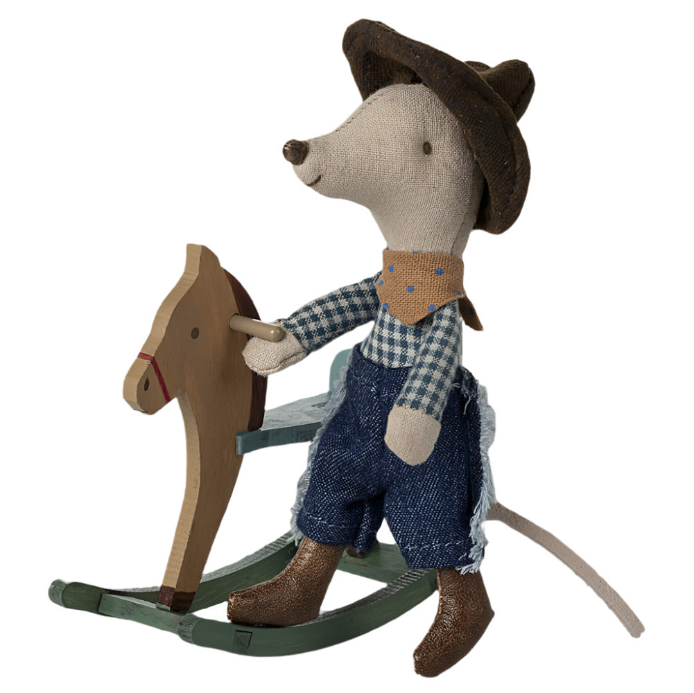 MAILEG LITTLE BROTHER COWBOY MOUSE DOLL AND ROCK HORSE - Little-ish