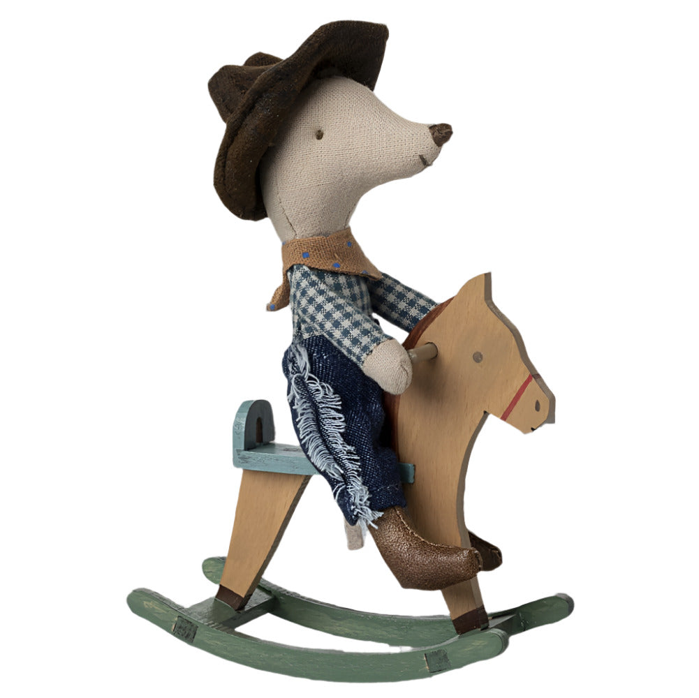 MAILEG LITTLE BROTHER COWBOY MOUSE DOLL AND ROCK HORSE - Little-ish