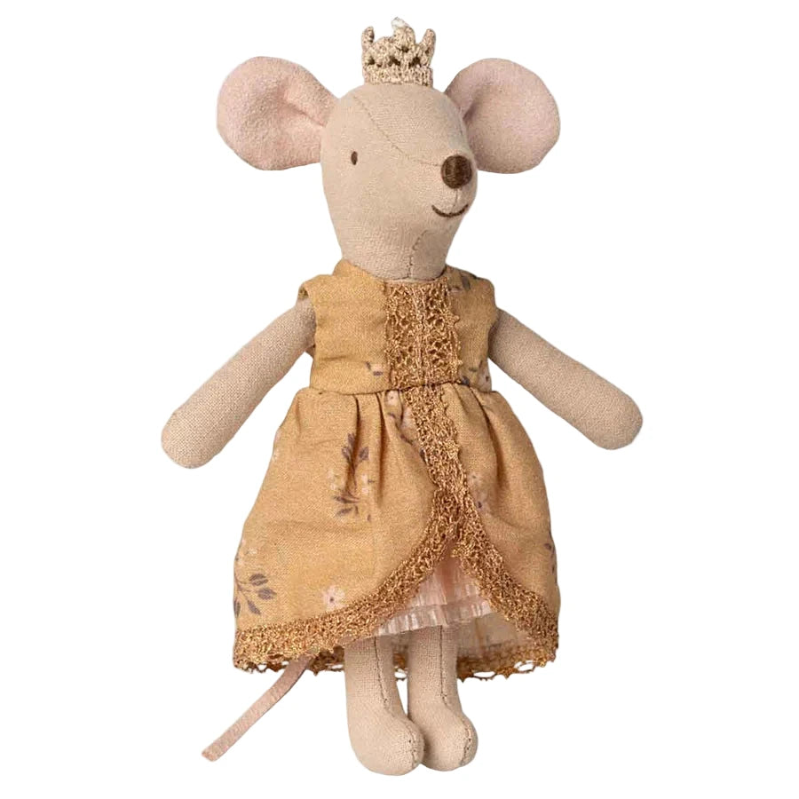 Stuffed mouse toy wearing a dress and crown on a white background - Little-ish