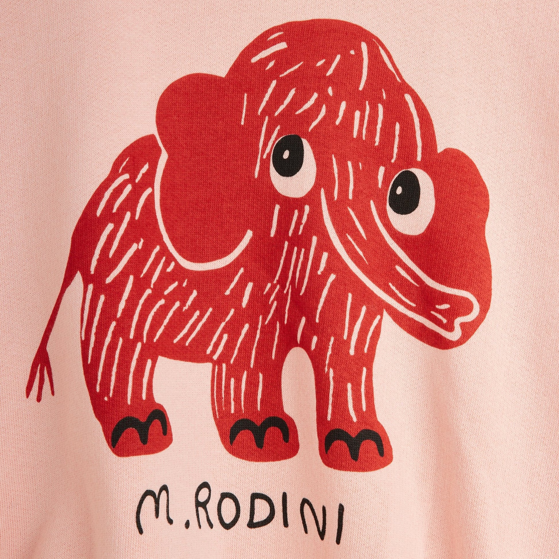 Red elephant illustration on a pink background with 'M. Rodini' branding.