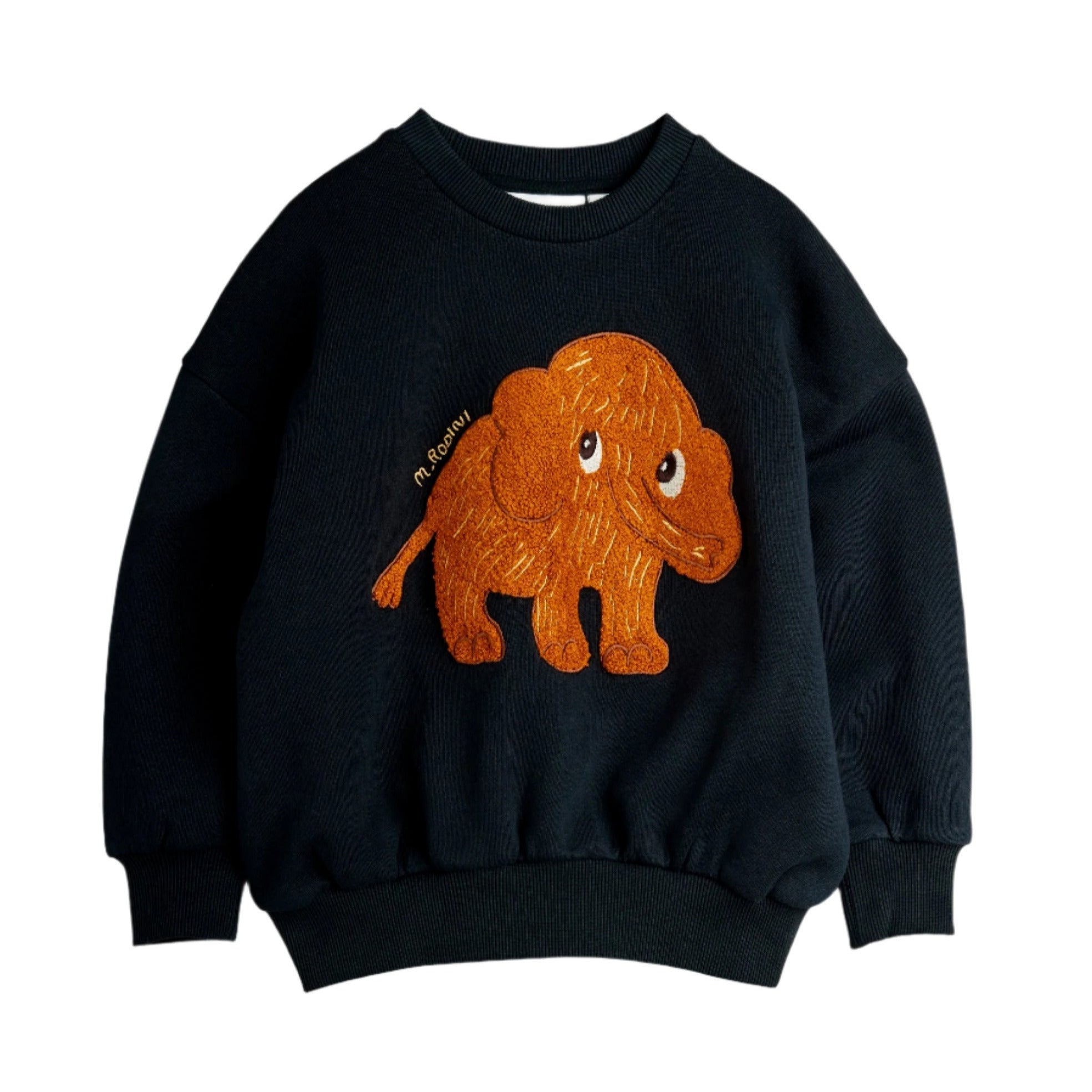 Black sweatshirt with orange cartoon bull design on a white background - Little-ish