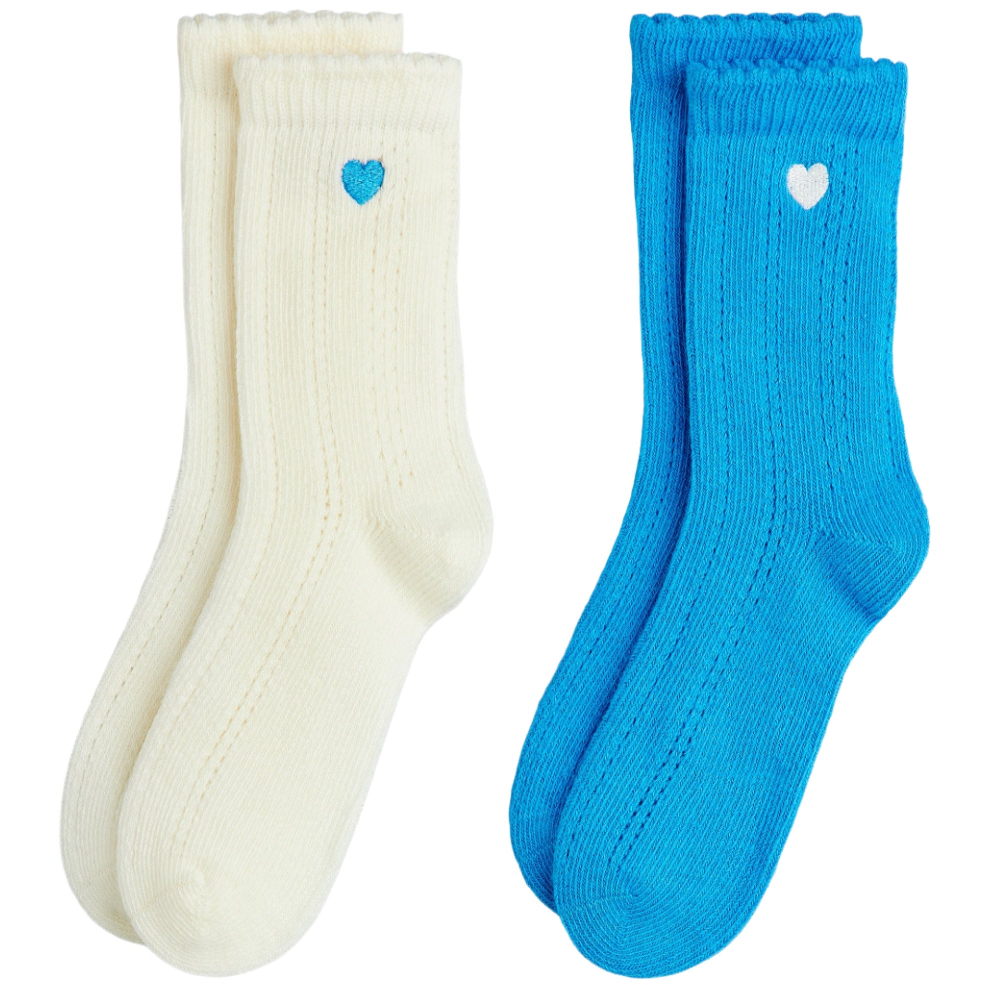 Two pairs of socks, one white and one blue, with heart designs on a white background. - Little-ish